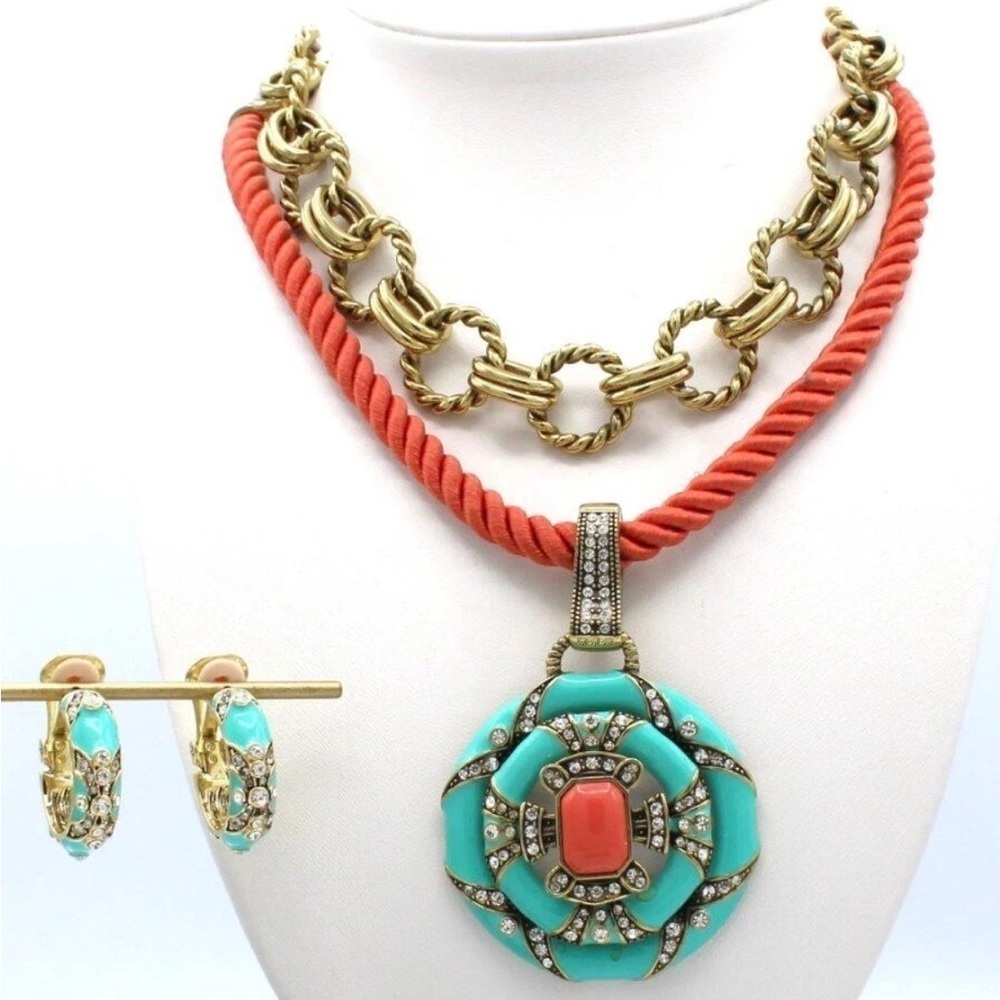 HEIDI DAUS Newport Chic Enamel 3 pc Set Turquoise Coral Necklace Earrings